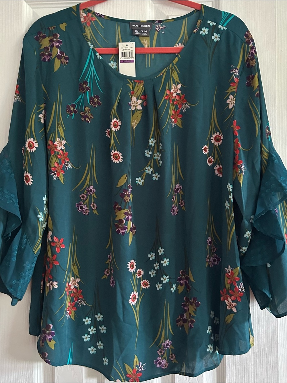 Van Heusen Teal Floral Ruffle-Sleeve Blouse